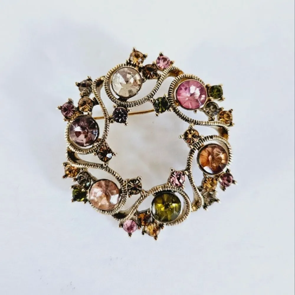 Vintage Signed Monet Openwork Pink Green Rhinestone Circular Wreath Brooch Pin